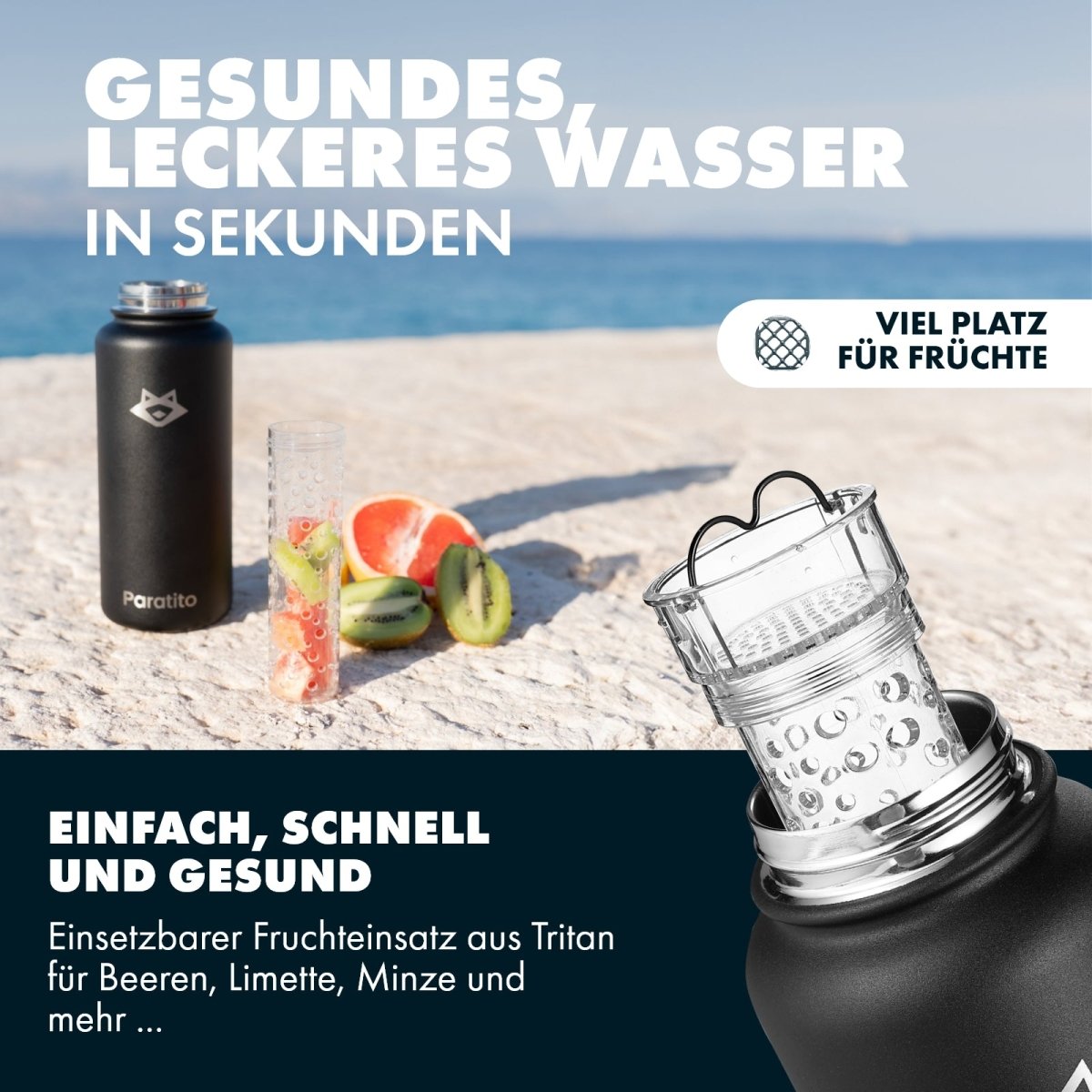 PARATITO Edelstahl-Trinkflasche mit transparentem Tritan Frucht-Infuser, Früchten und Kräutern für Infused Water