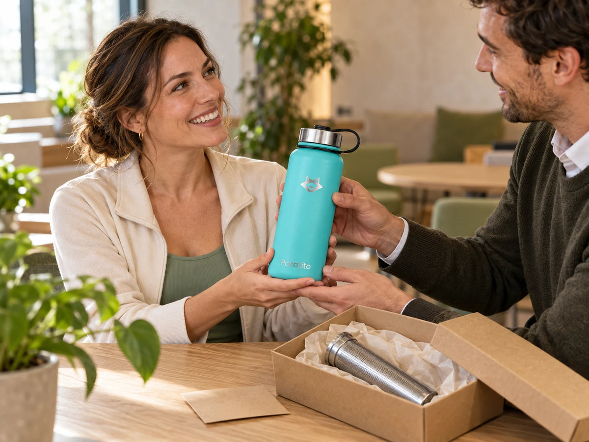 Eine Mitarbeiterin erhält eine türkisfarbene PARATITO Bottle als Firmengeschenk.