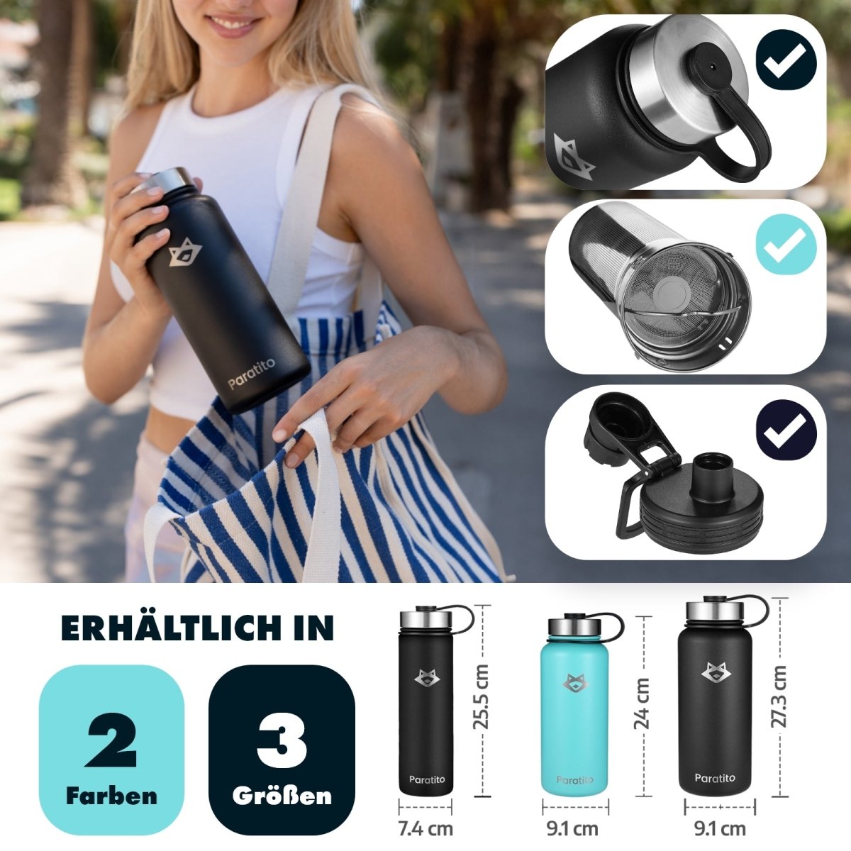 PARATITO Thermosflasche mit Teesieb und Sport-Drehverschluss in der Produktansicht