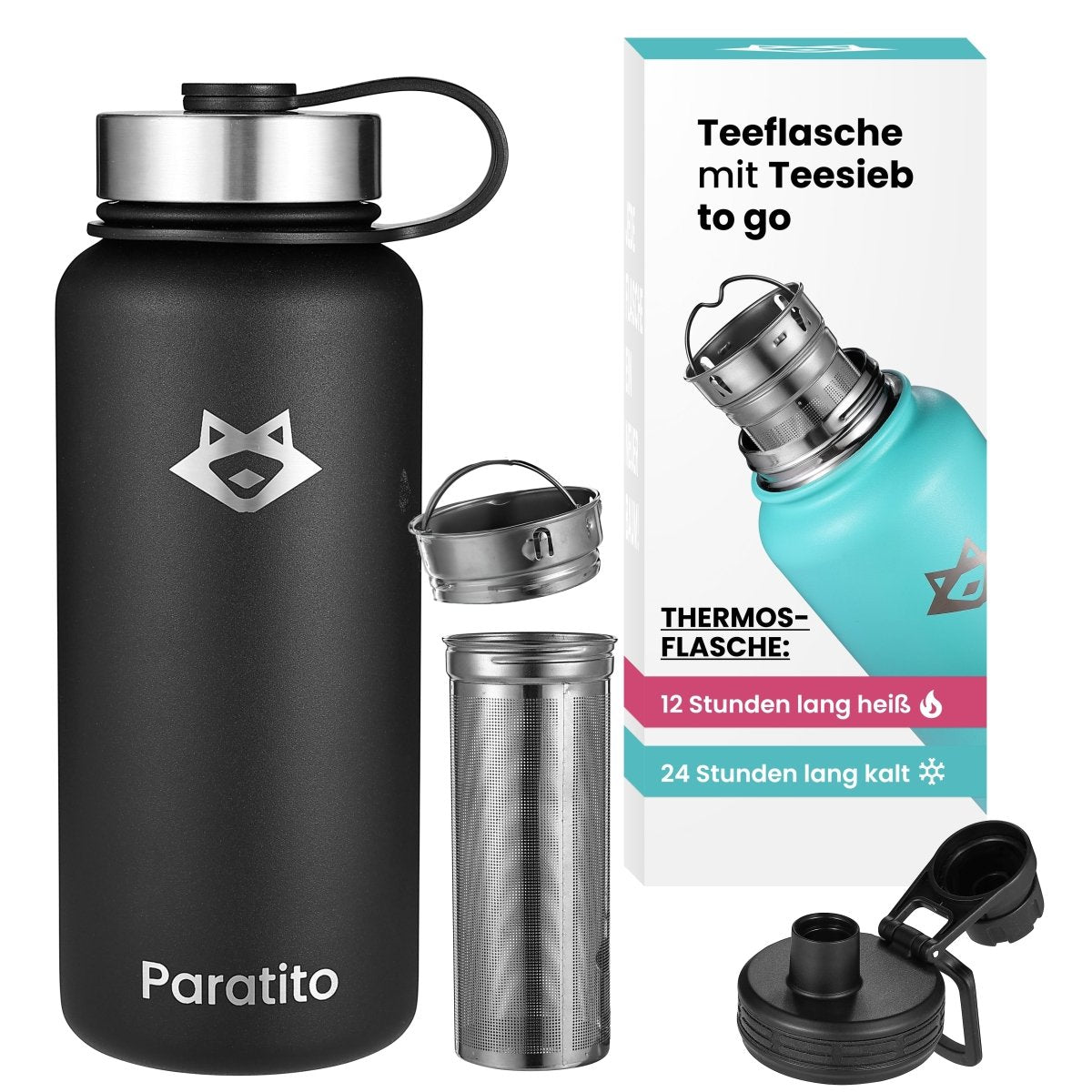 PARATITO Thermosflasche mit Edelstahl-Teesieb und Sport-Drehverschluss