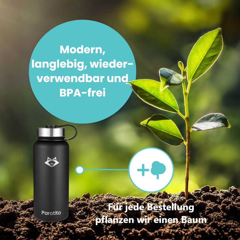 Mit der Paratito Bottle sparen wir nicht nur zahlreiche Einwegflaschen ein, sondern Pflanzen um unseren Impact zu vergrößern pro Bestellung auch noch einen Baum.