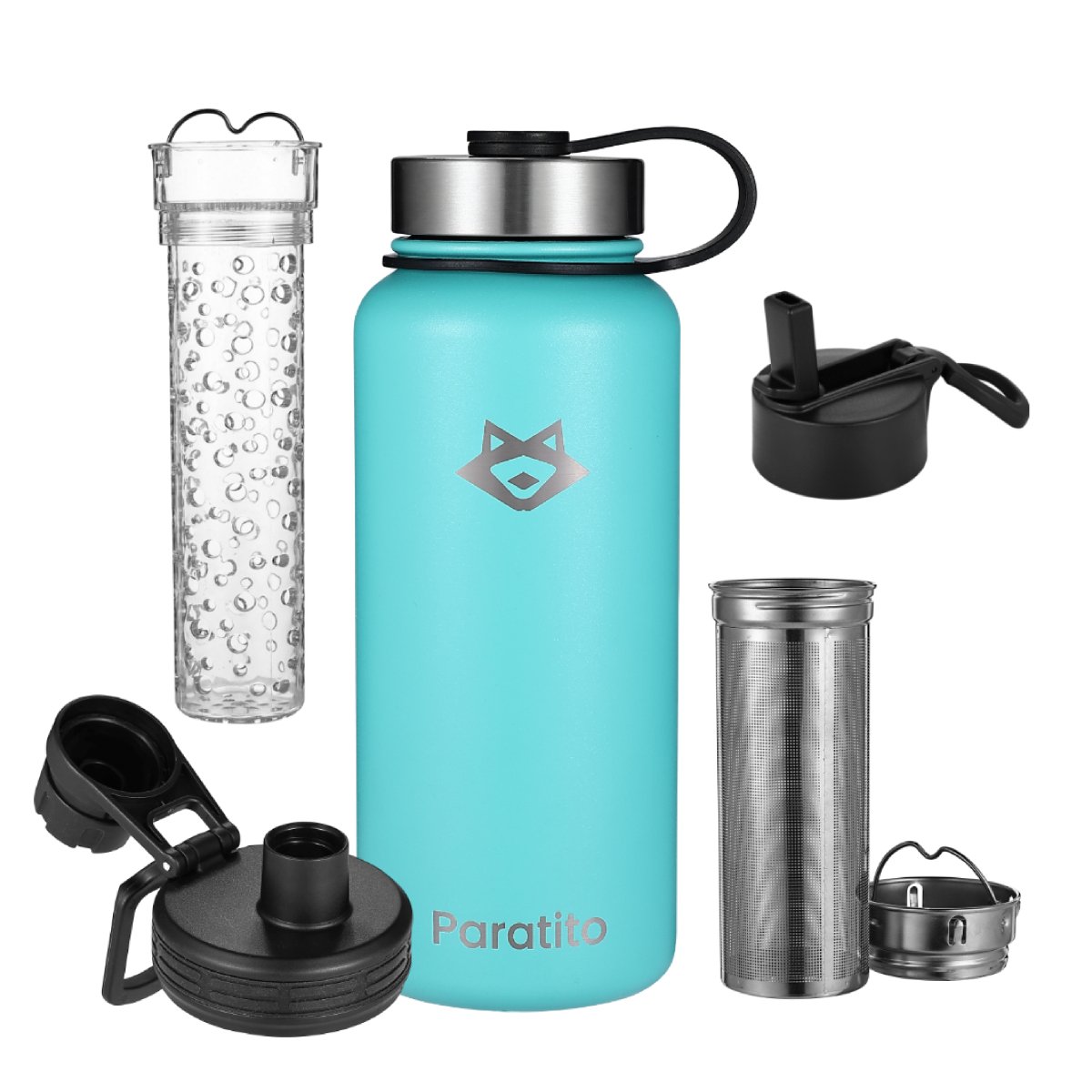PARATITO Geschenkset in Blau mit 1-Liter Edelstahlflasche, Edelstahlverschluss, Teesieb, Fruchteinsatz, Sportverschluss und Strohhalmaufsatz