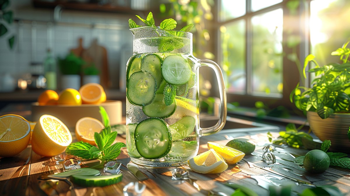 Aromatisiertes Wasser mit Gurke, Zitrone und Minze