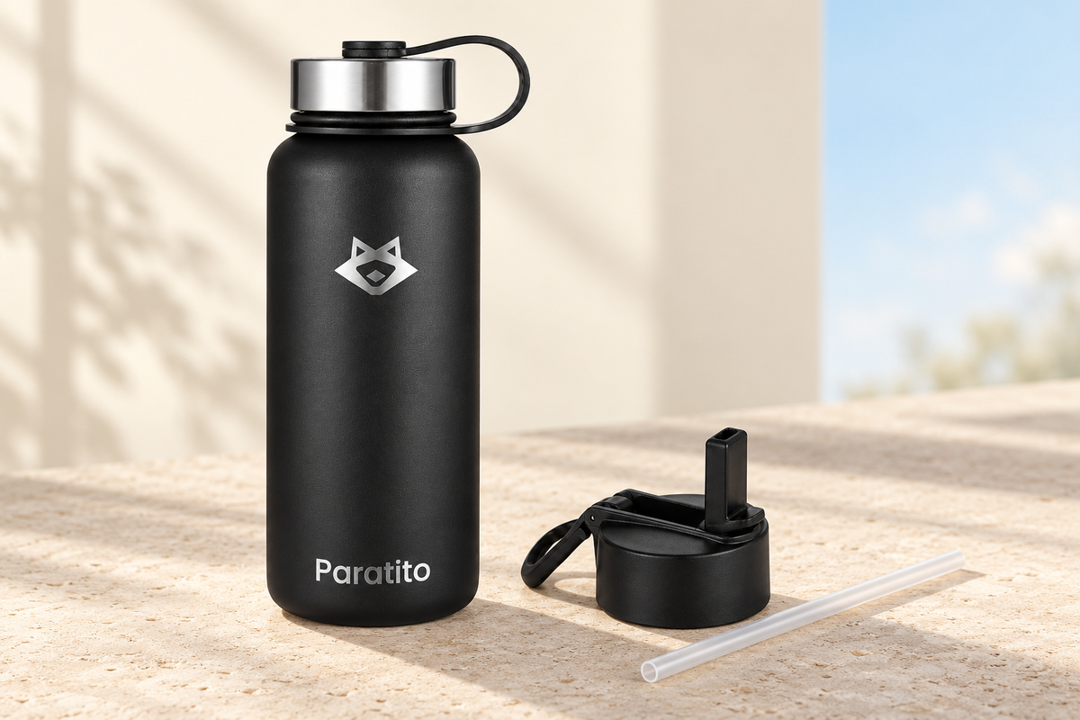 Schwarze PARATITO 1-Liter-Thermosflasche mit separatem Strohhalmaufsatz und Trinkhalm