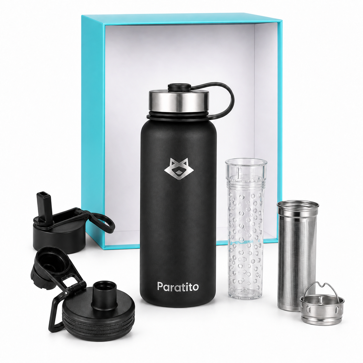 PARATITO Geschenkset mit 1-Liter Edelstahlflasche, Teesieb, Fruchteinsatz, Sportverschluss und Straw Cap