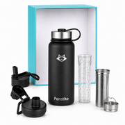 PARATITO Geschenkset mit 1-Liter Edelstahlflasche, Teesieb, Fruchteinsatz, Sportverschluss und Straw Cap
