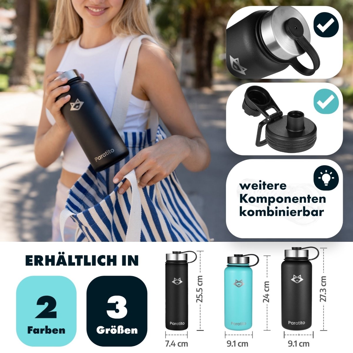 PARATITO Sport-Trinkflasche aus Edelstahl mit Drehverschluss