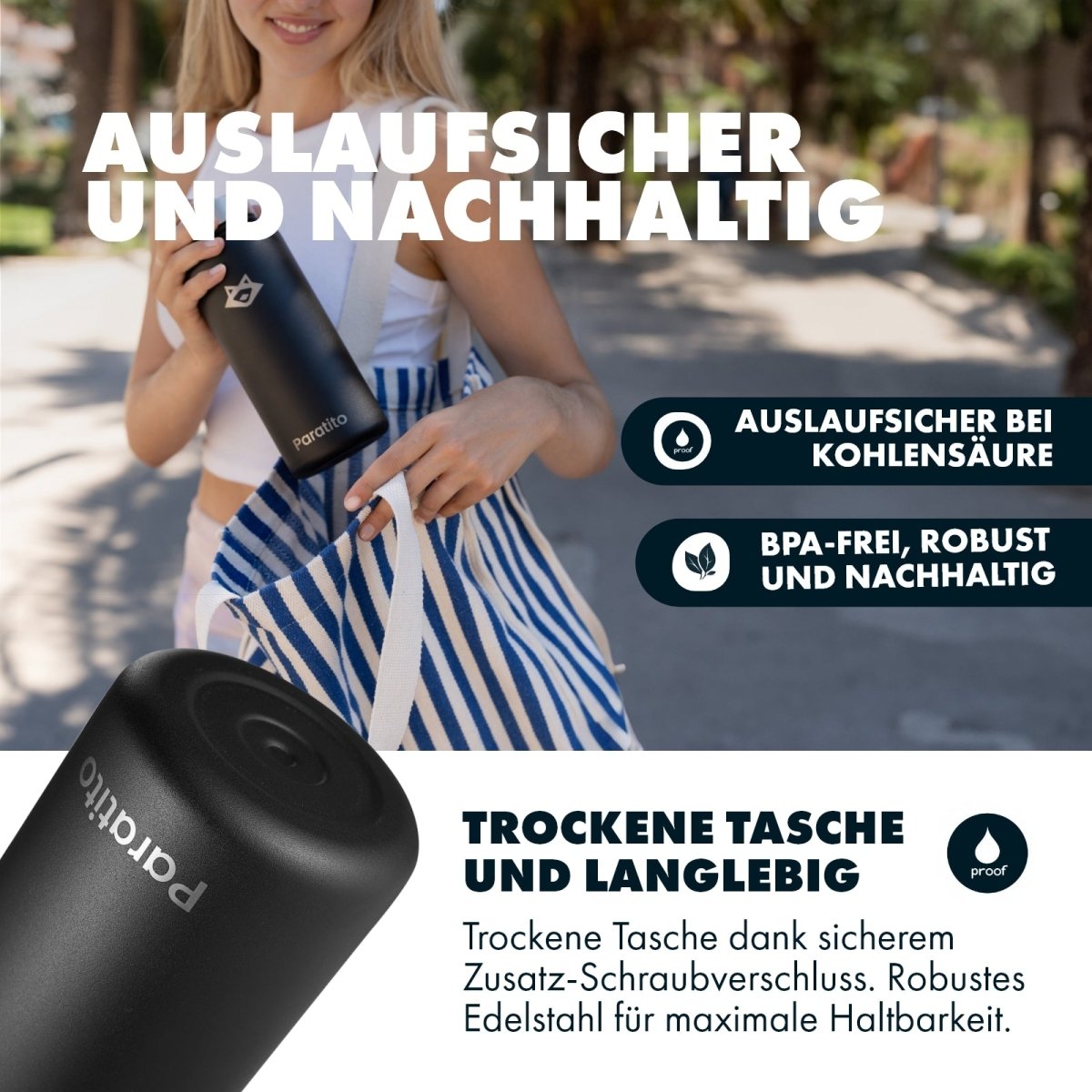 Infografik der PARATITO Thermosflasche mit Edelstahlverschluss und Hinweisen zu Kohlensäure, sicherem Transport und robustem Edelstahl