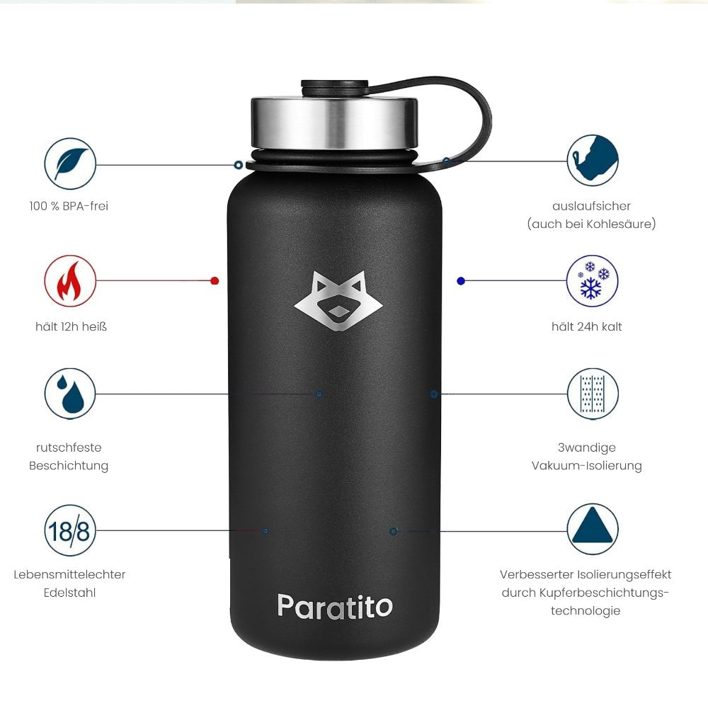 Zahlreiche Funktionen machen die Paratito Bottle einzigartig. Sehr gute Isolierung für heiße und kalte Getränke, komplett auslaufsicher auch bei Kohlensäure und natürlich 100% BPA-frei.